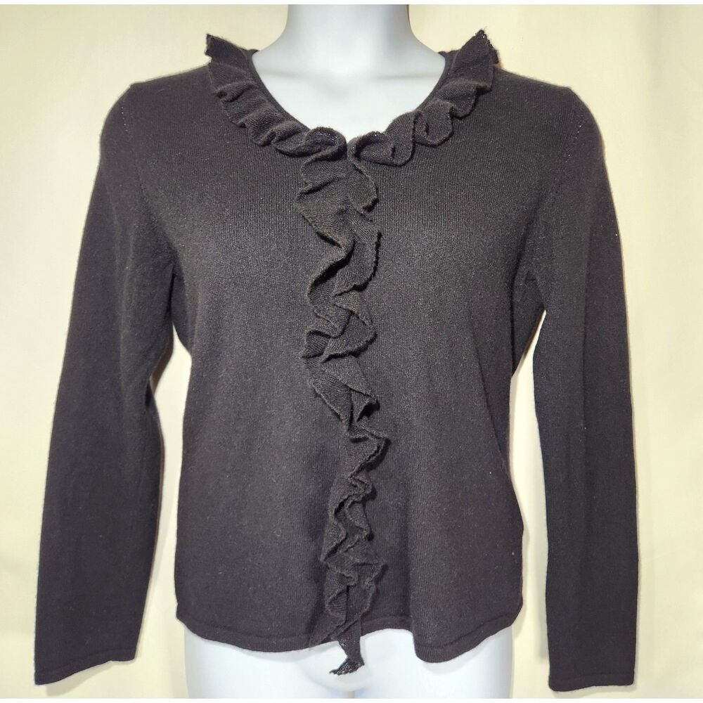 PRIVÉ Ruffle Front 100% Cashmere Pullover V-Neck Sweater Size L Black Feminine